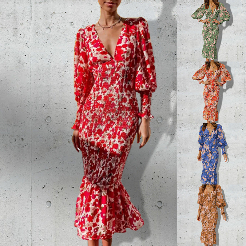 Damen Blütenmuster Kleid mit voluminösen Ärmeln WW
