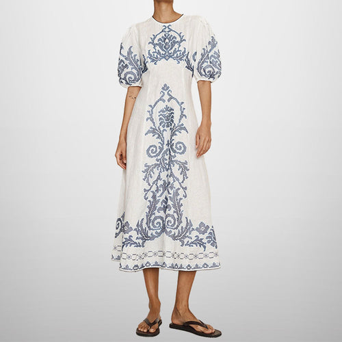 Damen Midikleid mit kunstvollem Stickmuster und voluminösen Ärmeln W&W Mode