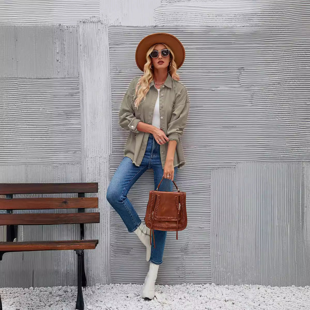 Damen Denim-Hemdjacke im lässigen Oversized-Schnitt mit fransigen Details W&W Mode