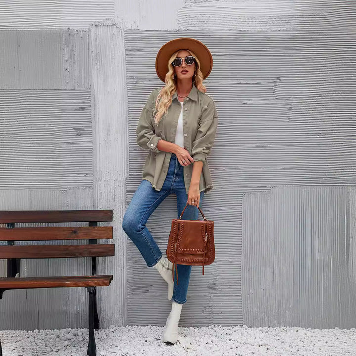 Damen Denim-Hemdjacke im lässigen Oversized-Schnitt mit fransigen Details W&W Mode