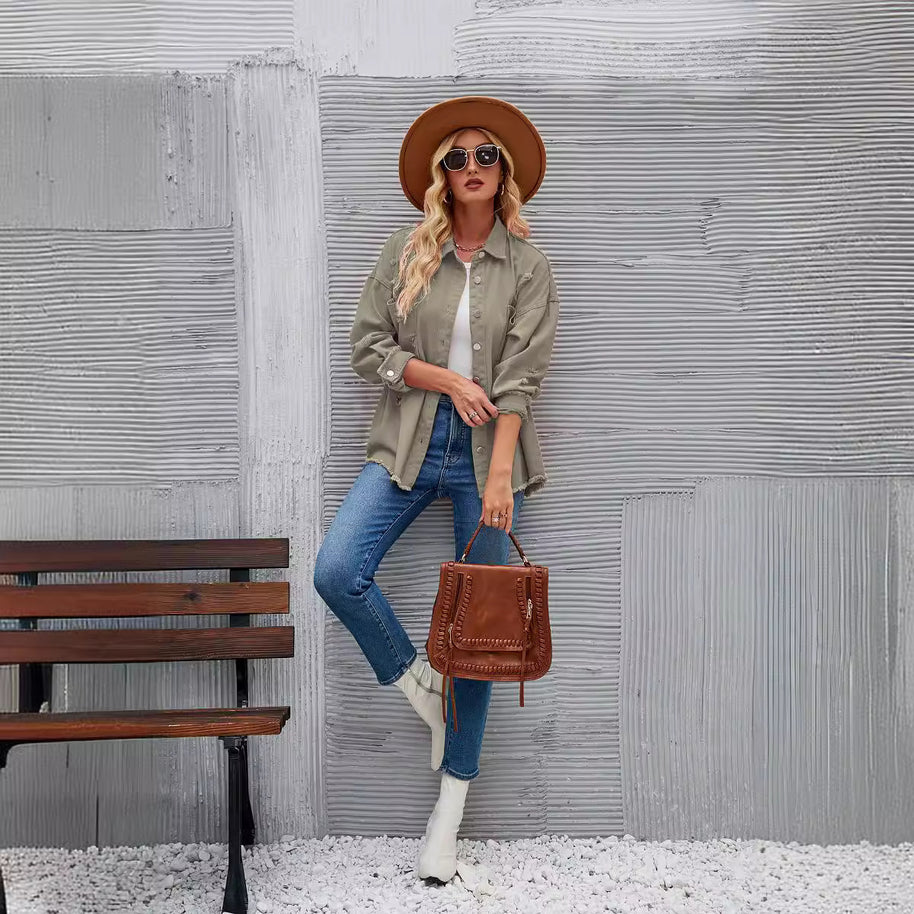 Damen Denim-Hemdjacke im lässigen Oversized-Schnitt mit fransigen Details WW