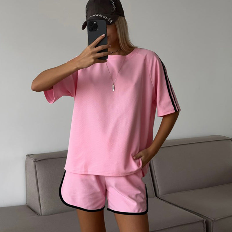 Damen sportliches Kurzarm-Set mit seitlichen Kontraststreifen und elastischer Taille WW
