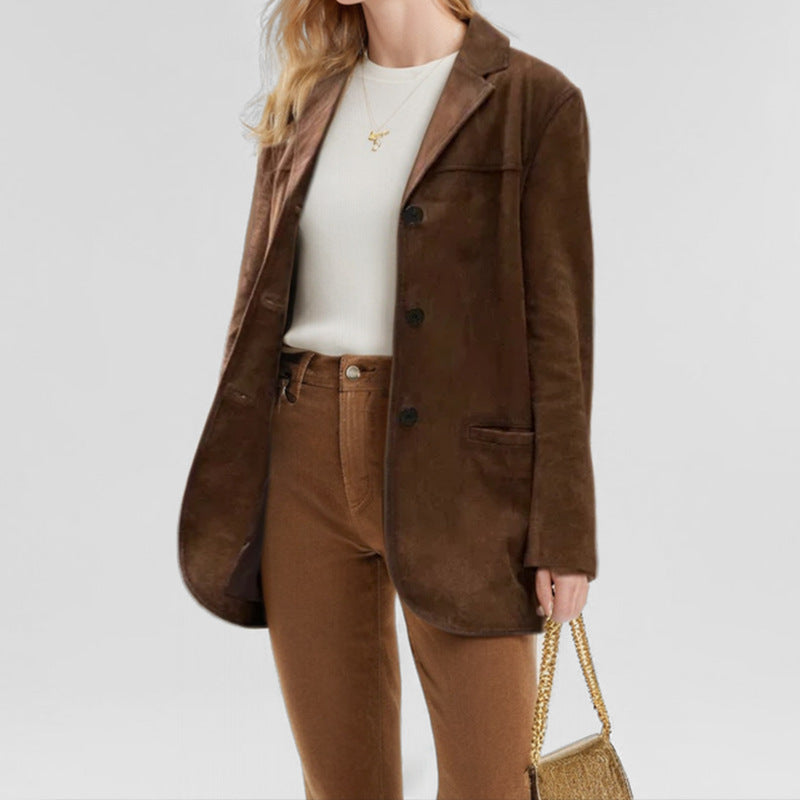 Damen Eleganter Blazer aus weichem Wildlederimitat mit schmalem Schnitt WW