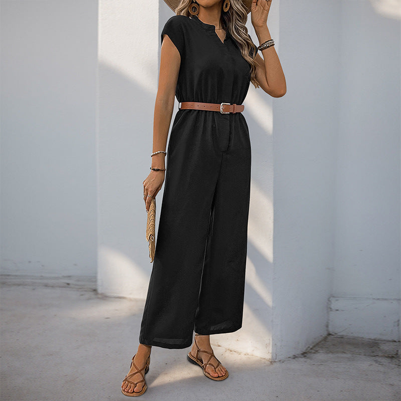 Damen Jumpsuit mit elegantem Taillengürtel und modernem V-Ausschnitt WW