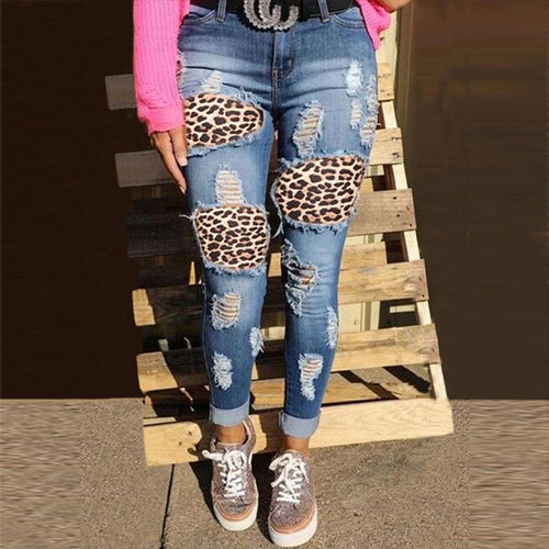 Damen skinny Jeans mit Leoparden-Patch und Vintage-Effekten WW
