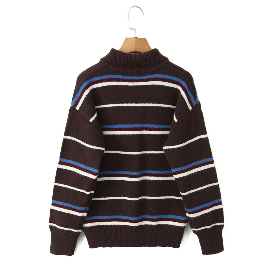 Damen gestreifter Poloshirt-Strickpullover WW