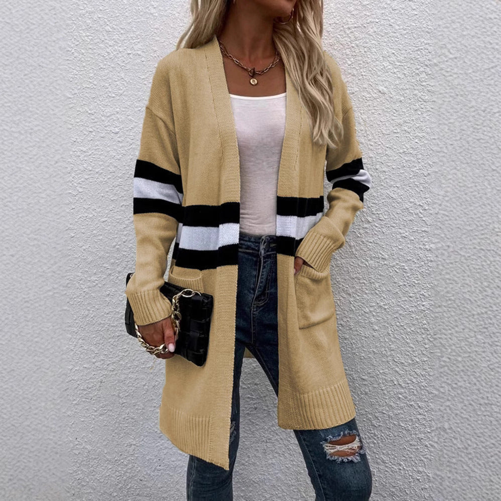 Damen Strickcardigan mit modischem Streifendesign und offenen Vorderteilen WW