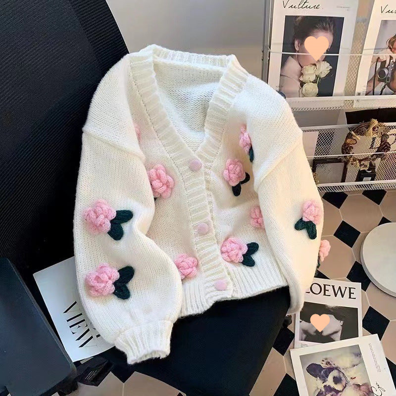 Damen Strickjacke mit Blumenapplikationen und elastischen Ärmeln WW