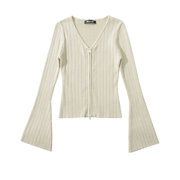 Damen Strickoberteil mit tiefem V-Ausschnitt und Zip-Verschluss WW