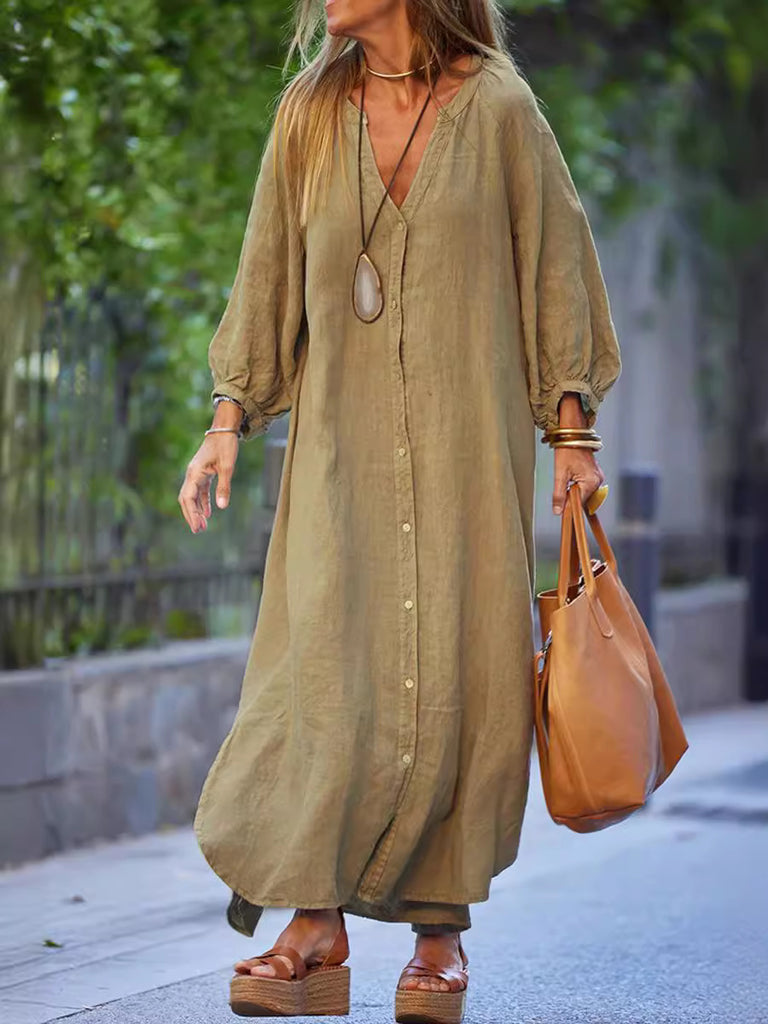 Damen Maxikleid mit Knöpfen und eleganten Ärmeln WW