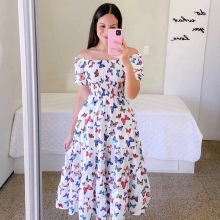 Damen Midi-Kleid mit schulterfreiem Design und verspieltem Schmetterlingsmuster W&W Mode