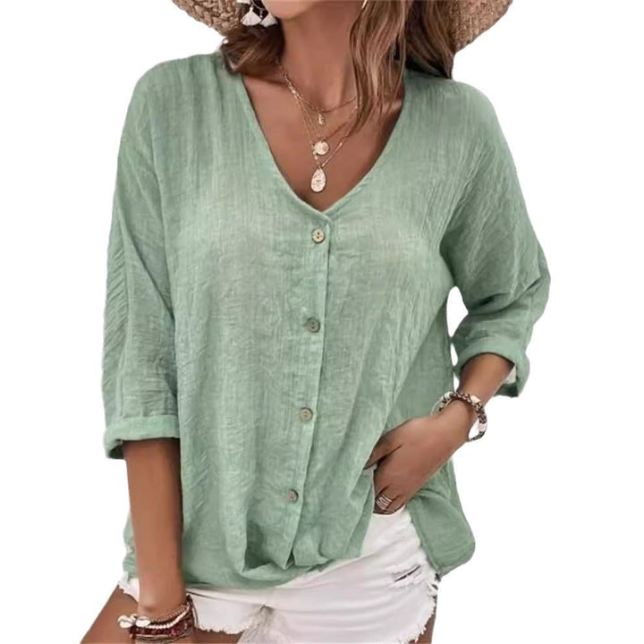 Damen lässige Bluse mit Knopfleiste und V-Ausschnitt W&W Mode