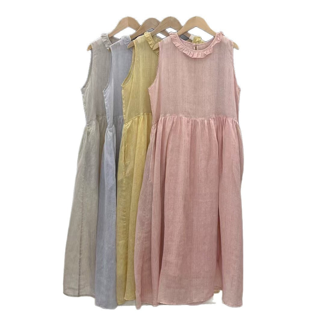 Damen Relaxed Fit Rüsch-Leinen-Maxi-Kleid WW