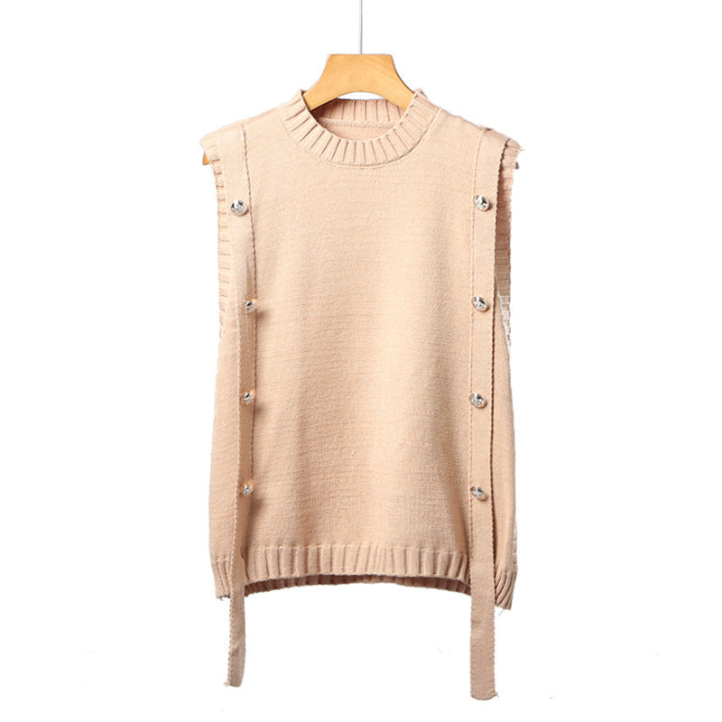 Damen Strickweste mit Knopfverschlüssen und seitlichen Bändern WW