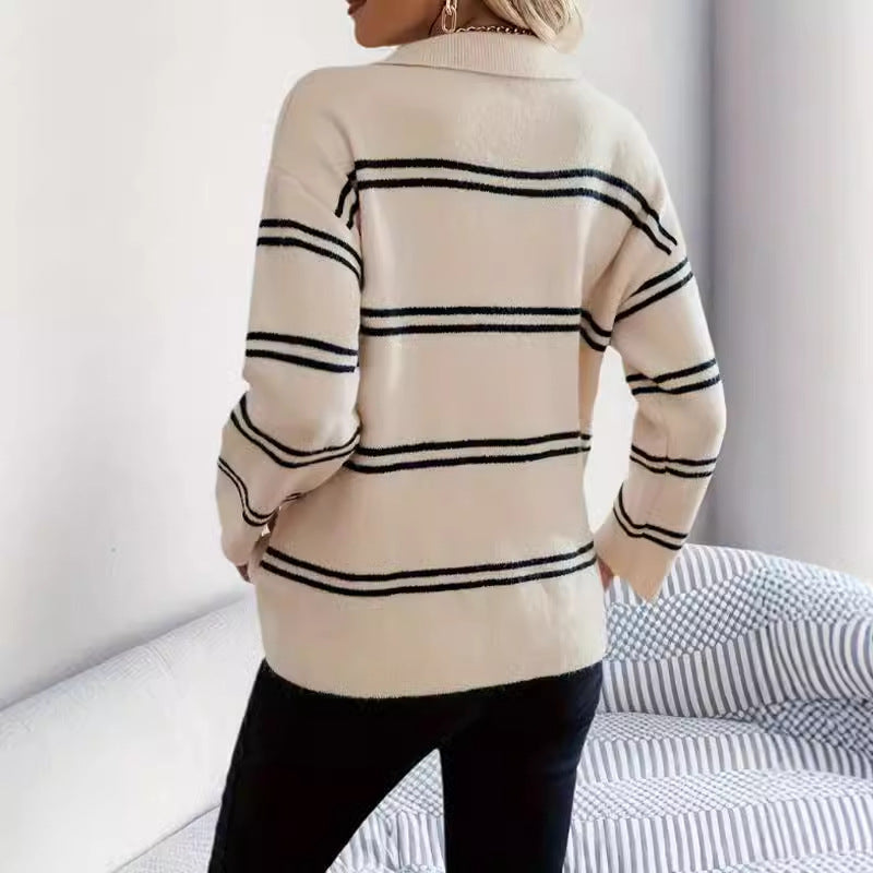 Damen Strickpullover mit V-Ausschnitt und Streifenmuster WW