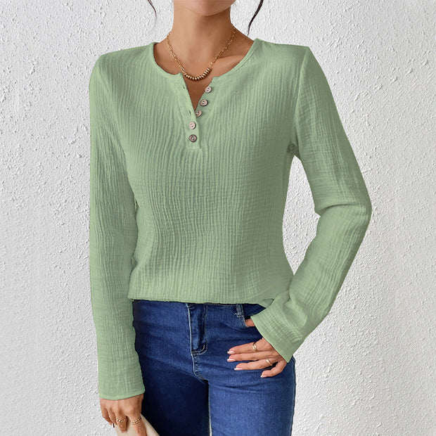 WW | Schlankmachendes Baumwoll-Leinen-Gefühl Langarm-Pullover-Shirt