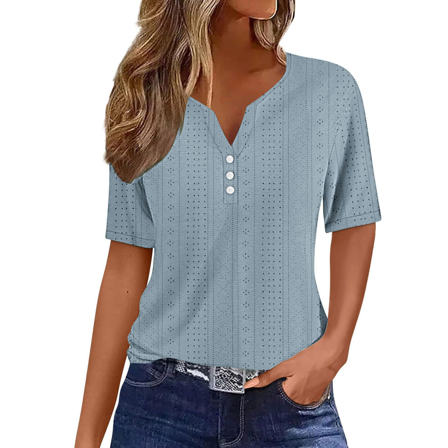 Damen kurzärmeliges T-Shirt mit Knopfdetails und eingewebtem Muster WW