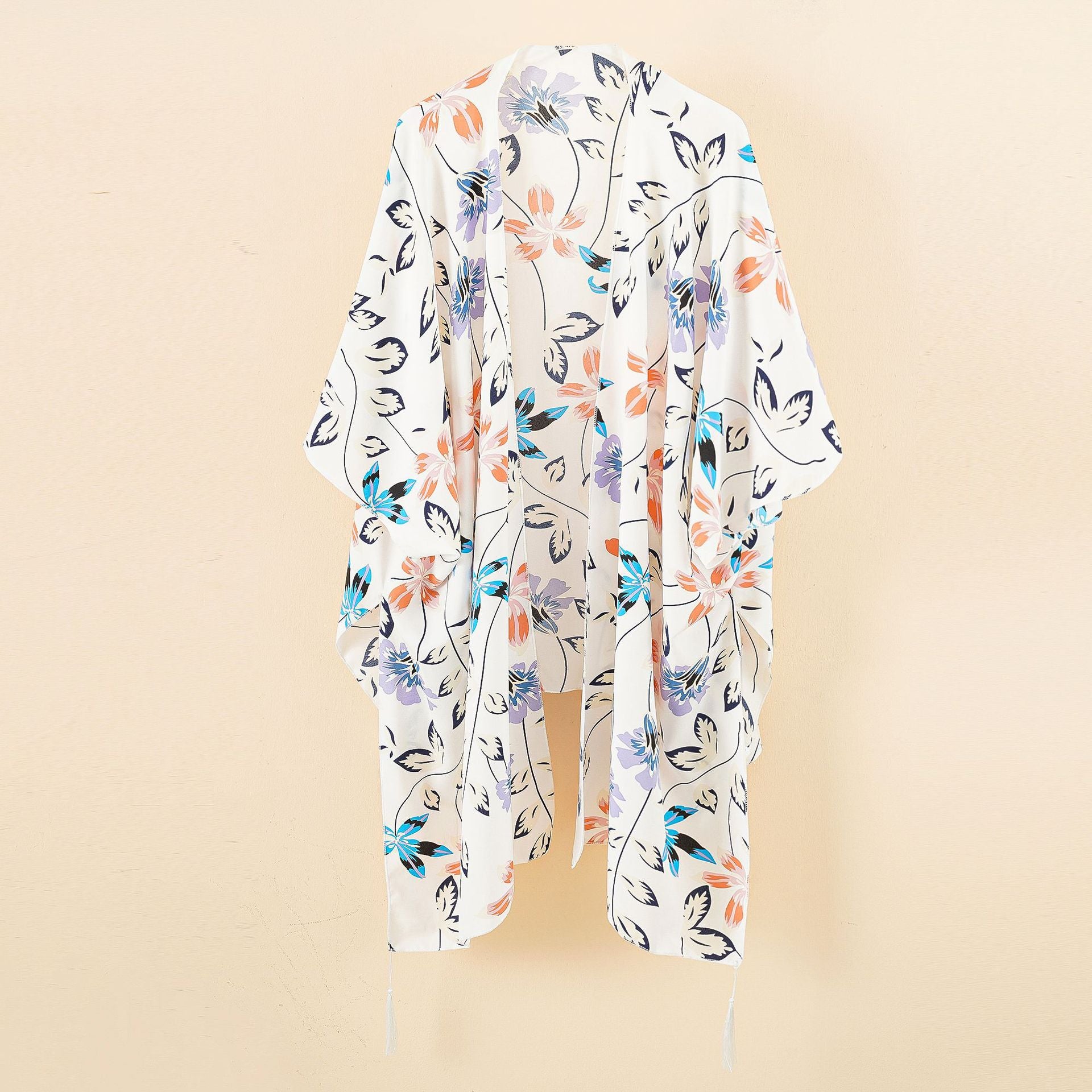 Damen Chiffon-Kimono mit floralem Design und fransigen Kanten WW