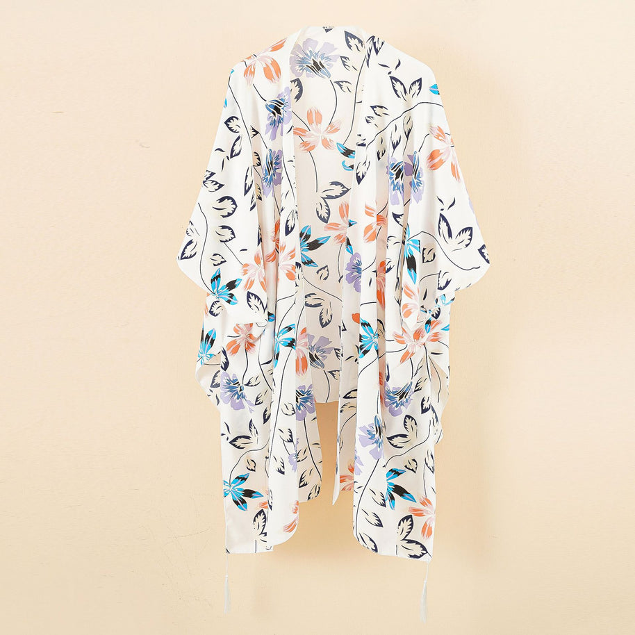 Damen Chiffon-Kimono mit floralem Design und fransigen Kanten WW