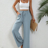 Damen elegante weite Hose aus leichtem Baumwollgemisch mit Gummizug WW