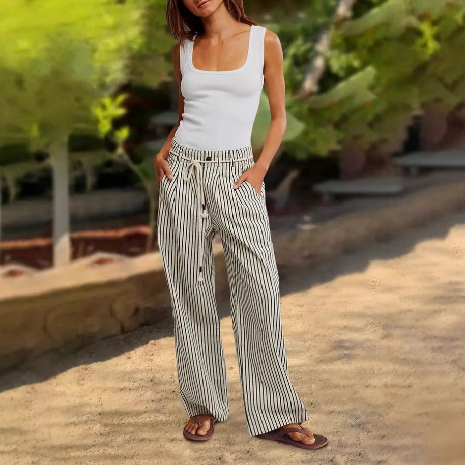 Damen Bequeme Strandhose mit lässigem Streifenmuster und geflochtenem Bund WW