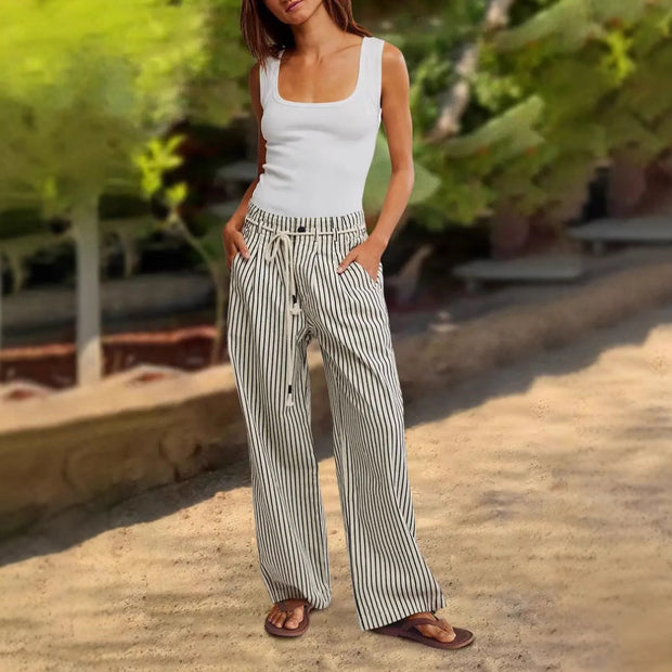 Damen Bequeme Strandhose mit lässigem Streifenmuster und geflochtenem Bund WW