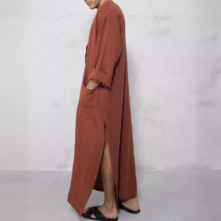 Herren nan weites langes Tunika-Kaftan aus atmungsaktivem Leinen mit Stehkragen Knopfblende und aufgesetzten Taschen W&W Mode