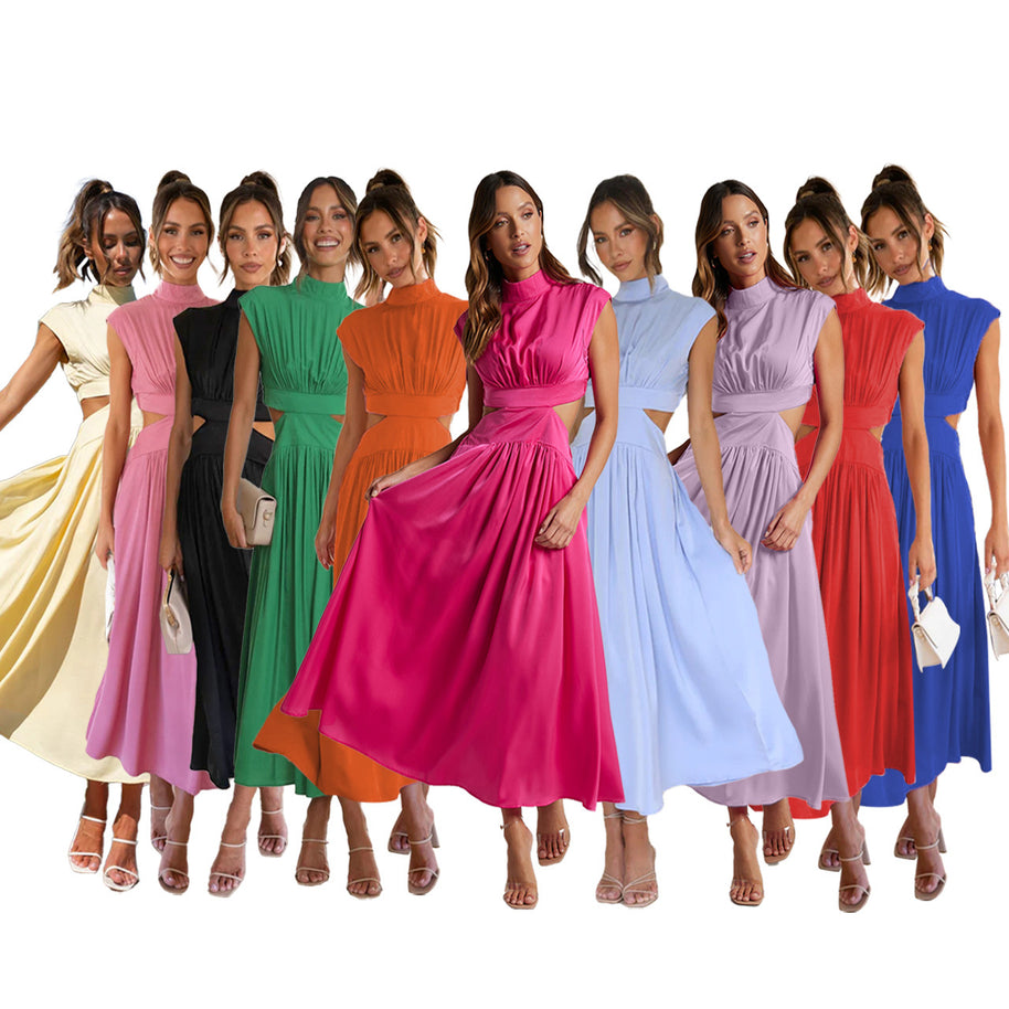 Damen elegantes Maxikleid mit hohem Kragen und seitlichen Cut-Outs WW