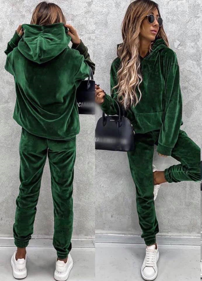 Damen sportliches Velours-Loungewear-Set mit Kapuze und elastischem Bund WW