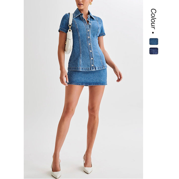 Damen Jeanskleid mit knöpfbarem Kragen und eng anliegendem Rock W&W Mode