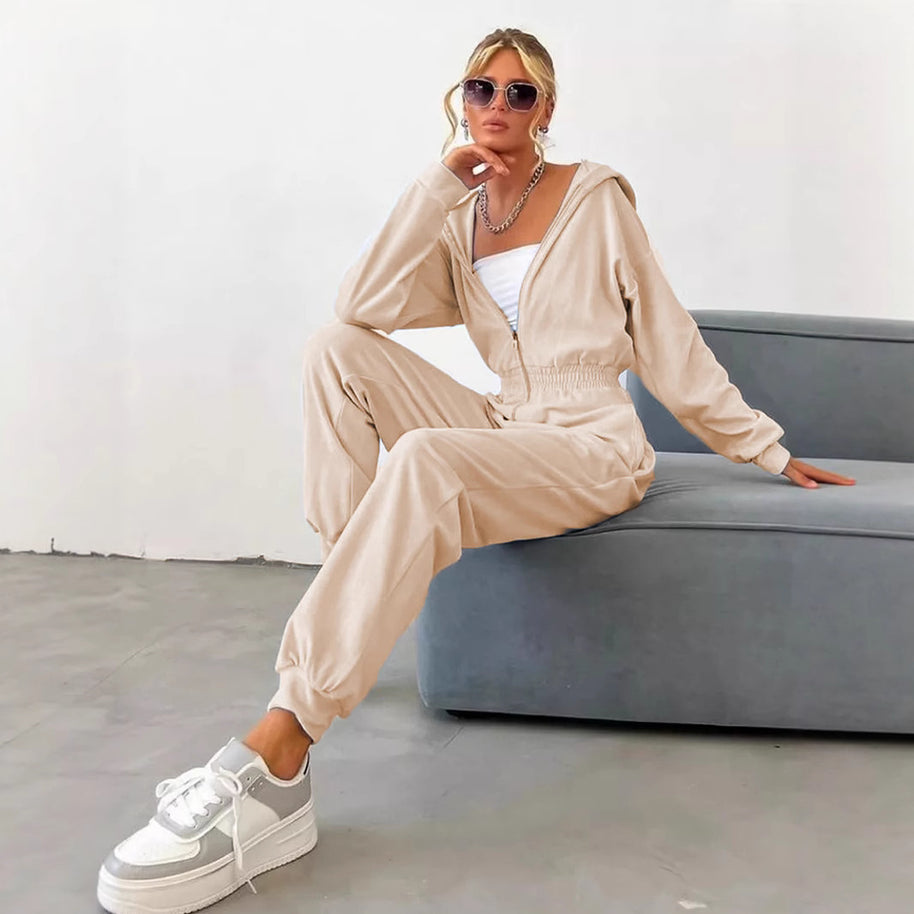 Damen sportlicher Fleece-Jumpsuit mit durchgehendem Reißverschluss WW