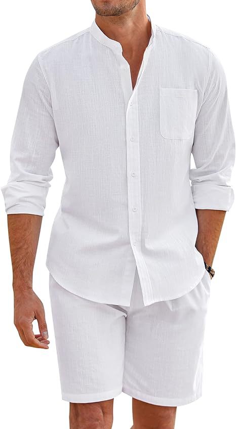 Herren Leichte und atmungsaktive Leinenhemden mit kurzer Hose WW