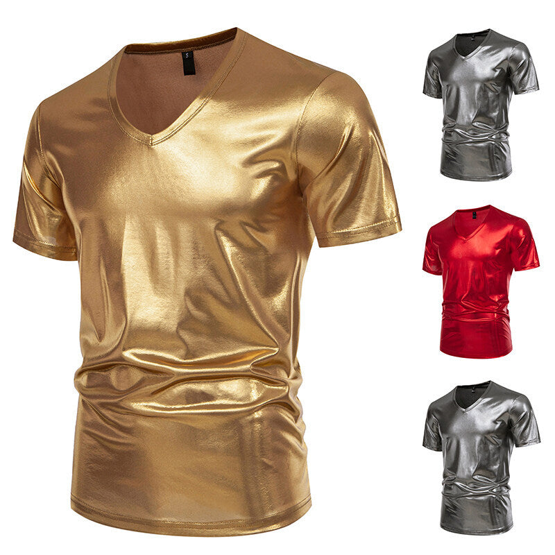 Herren Glänzendes Metallisches V-Ausschnitt T-Shirt W&W Mode