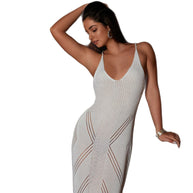 Damen Strick-Maxikleid mit raffiniertem Lochmuster und tiefem V-Ausschnitt WW