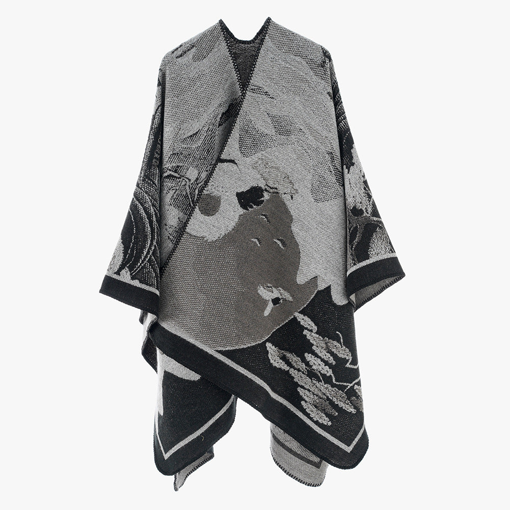 Damen Designer Poncho mit modernem floralen Muster und luxuriöser Strickstruktur WW