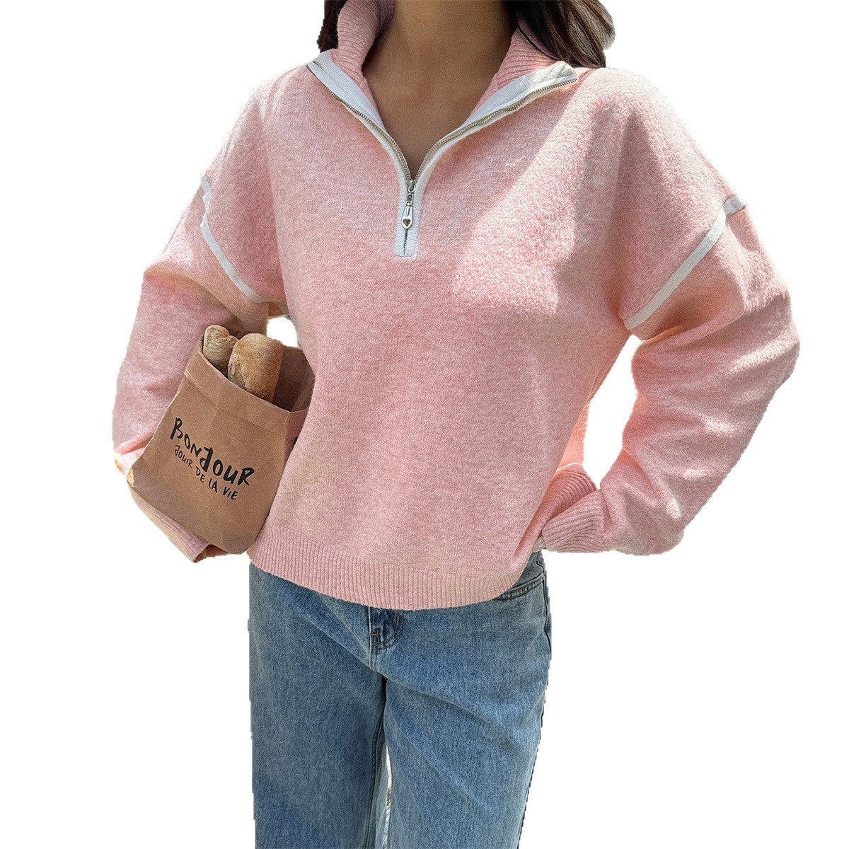 Damen Sportlicher Pullover mit halbem Reißverschluss und langen Ärmeln WW