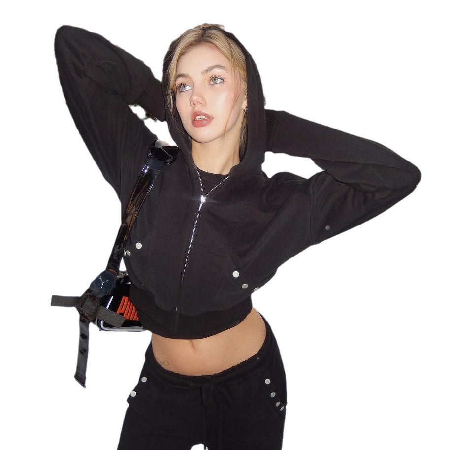 Damen sportlicher Cropped Hoodie mit innovativen Druckknopfdetails WW