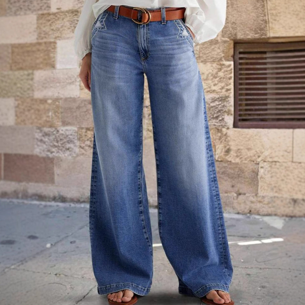 Damen weit geschnittene Jeanshose mit hohem Bund und eleganten Nähdetails W&W Mode