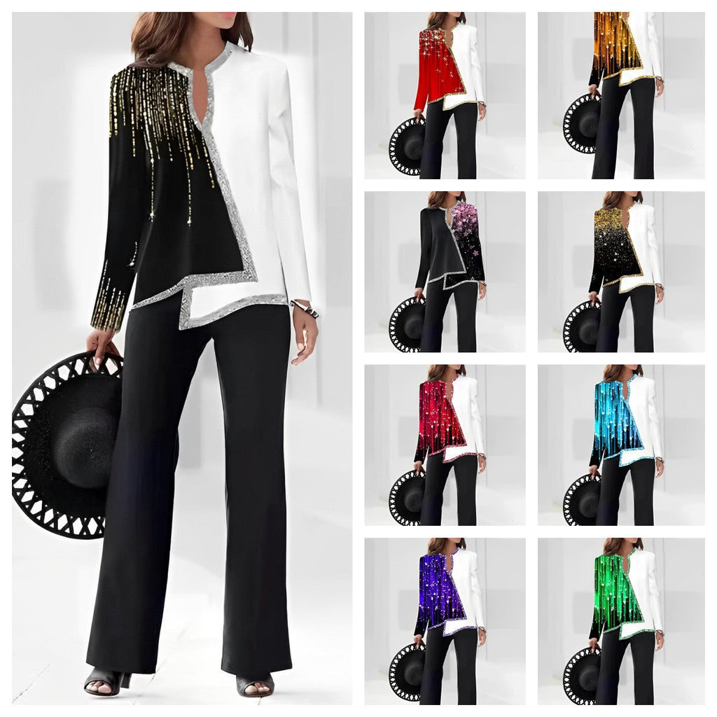 WW | 3D Digitaldruck V-Ausschnitt asymmetrisches Shirt- und Hosen-Set