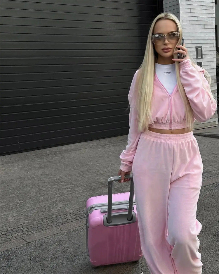 Damen sportliches Velours-Jogginganzug-Set mit lässigem Schnitt und praktischen Taschen WW