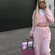 Damen sportliches Velours-Jogginganzug-Set mit lässigem Schnitt und praktischen Taschen WW