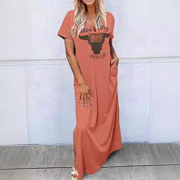 Damen lässiges Maxikleid mit Rundhalsausschnitt und praktischen Taschen WW