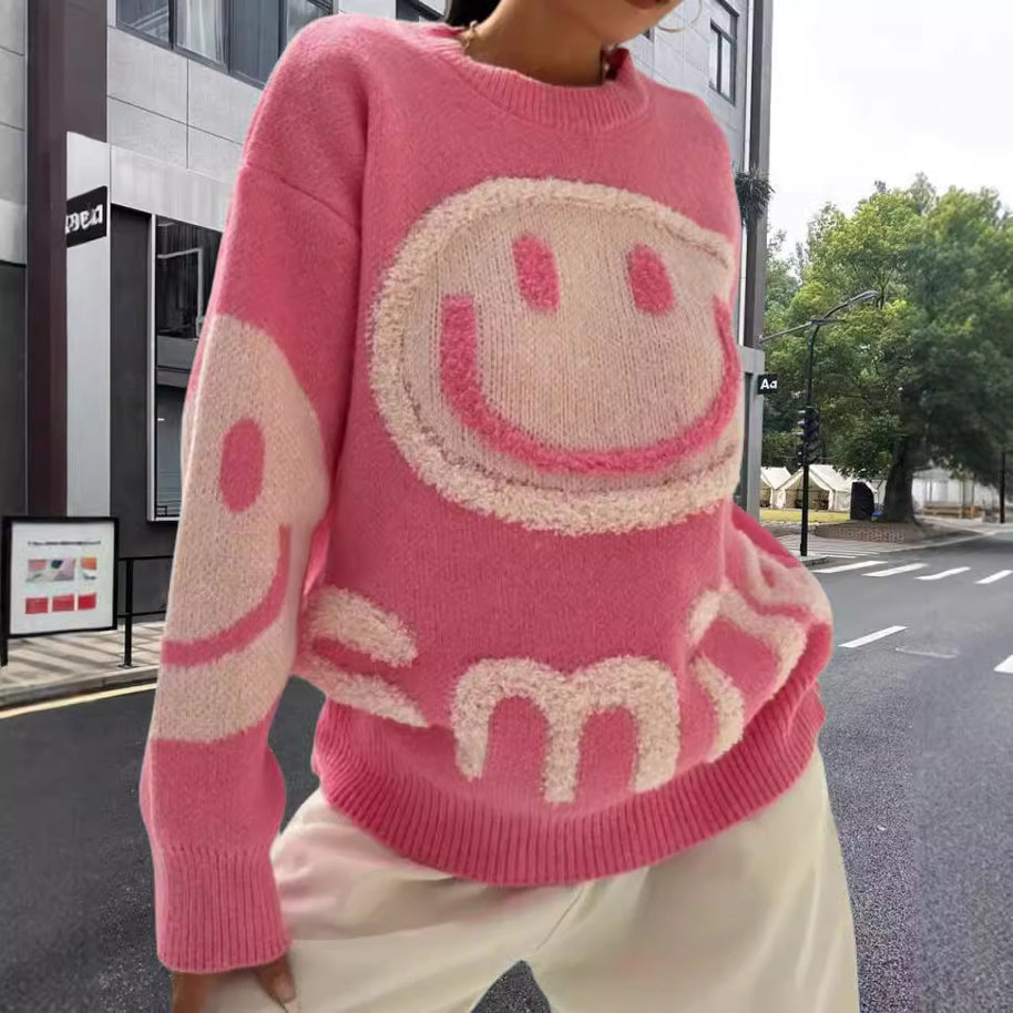 Damen Strickpullover mit fröhlichem Emoji-Motiv und komfortablem Schnitt WW