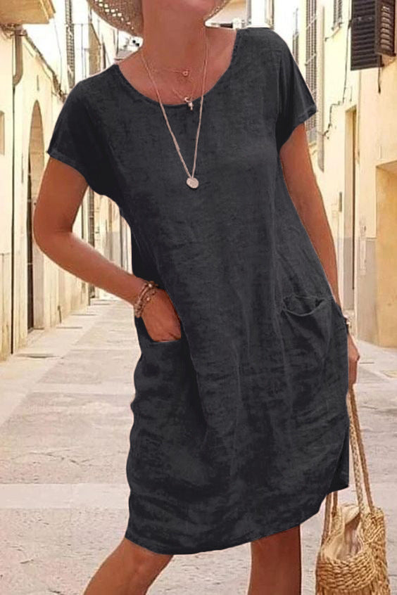Damen lässiges Leinenkleid mit praktischen Taschen und lockerer Schnittführung WW