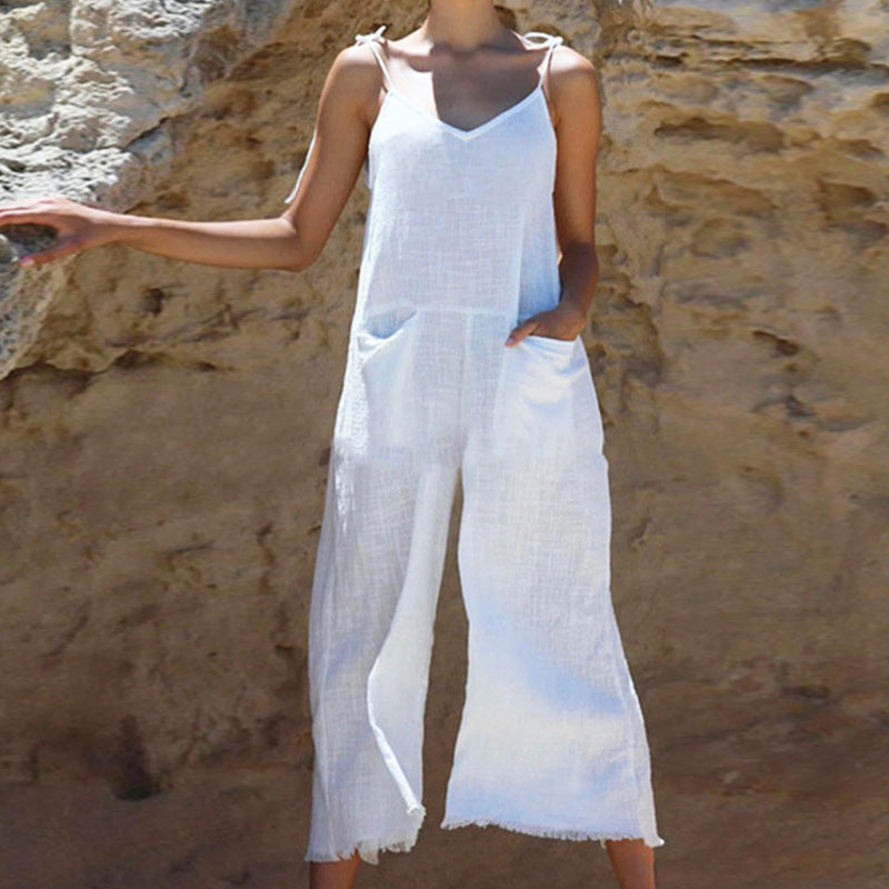 Damen Leinen-Jumpsuit mit stylischem V-Ausschnitt und praktischen Taschen WW