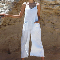 Damen Leinen-Jumpsuit mit stylischem V-Ausschnitt und praktischen Taschen WW