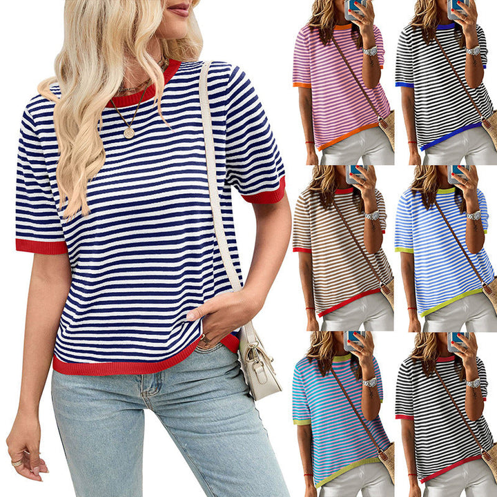 Damen bequeme gestreifte Freizeitbluse mit Kontrastkragen W&W Mode
