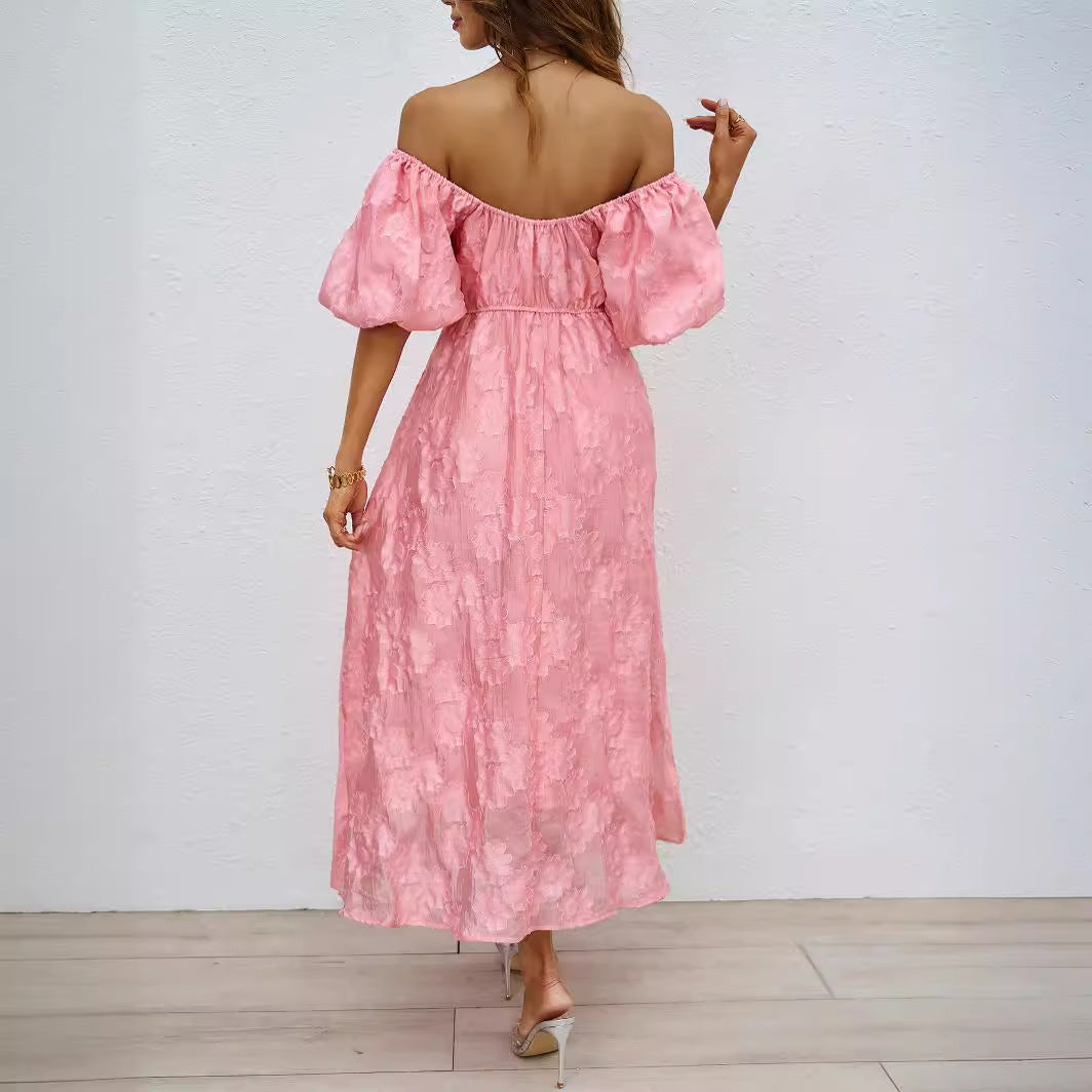 Damen elegantes Maxi-Kleid mit floralem Relief und schulterfreiem Design WW