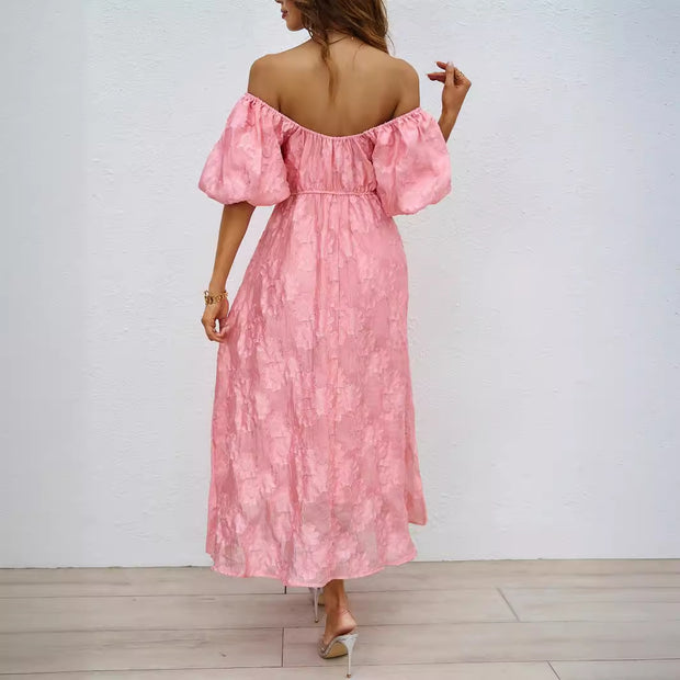 Damen elegantes Maxi-Kleid mit floralem Relief und schulterfreiem Design WW