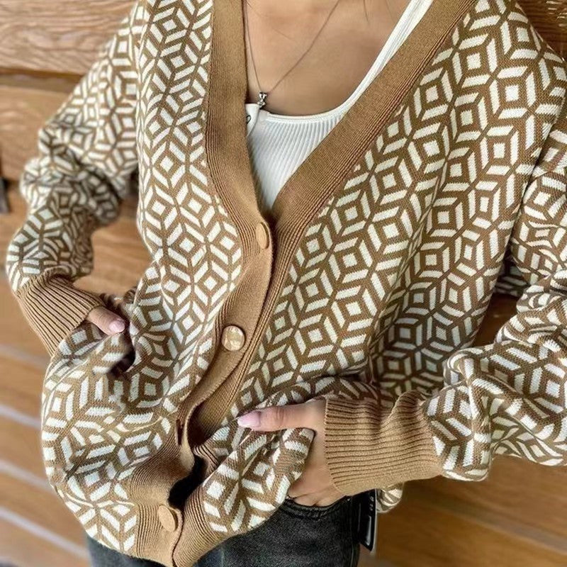 Damen Strick-Cardigan mit modernem geometrischen Muster und praktischen Taschen WW